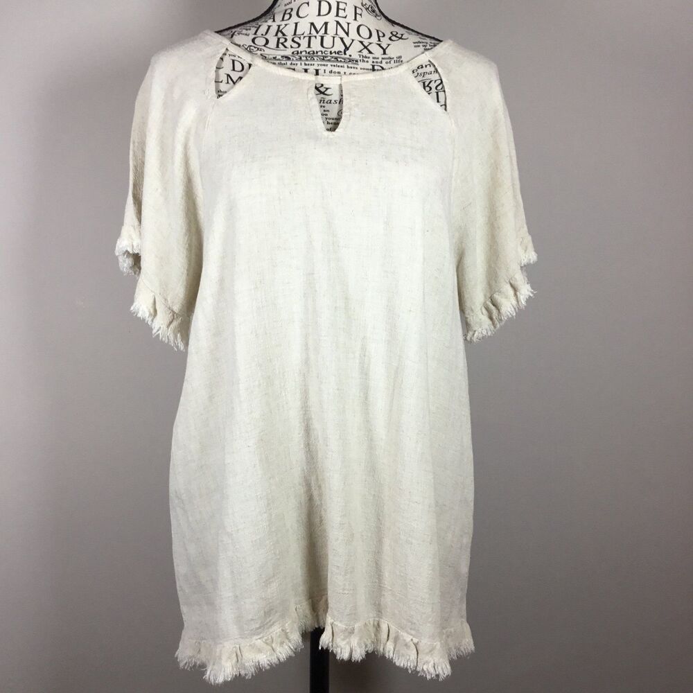 55% linen 45% cotton cream raw edge top triangle cut out detail sz L boho hippie